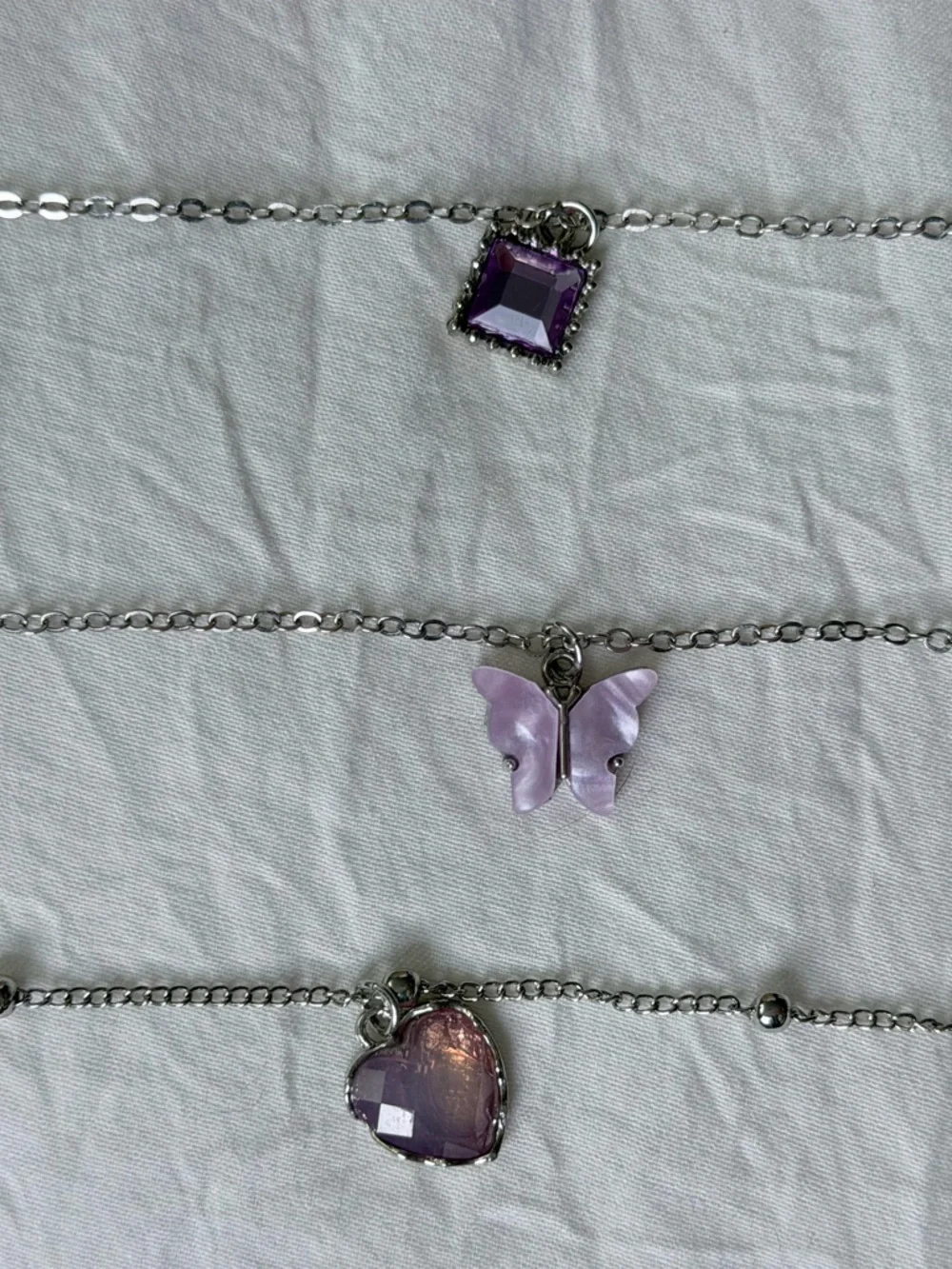 Brand New Y2K Silver Purple Fairycore Butterfly Heart Charm Pendant Necklace Set